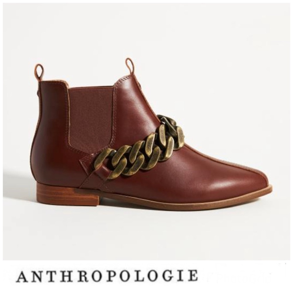 ANTHROPOLOGIE Kelsi Dagger Slow Cafe Leather Thick Chain Ankle Boots Sz 8 NWOT